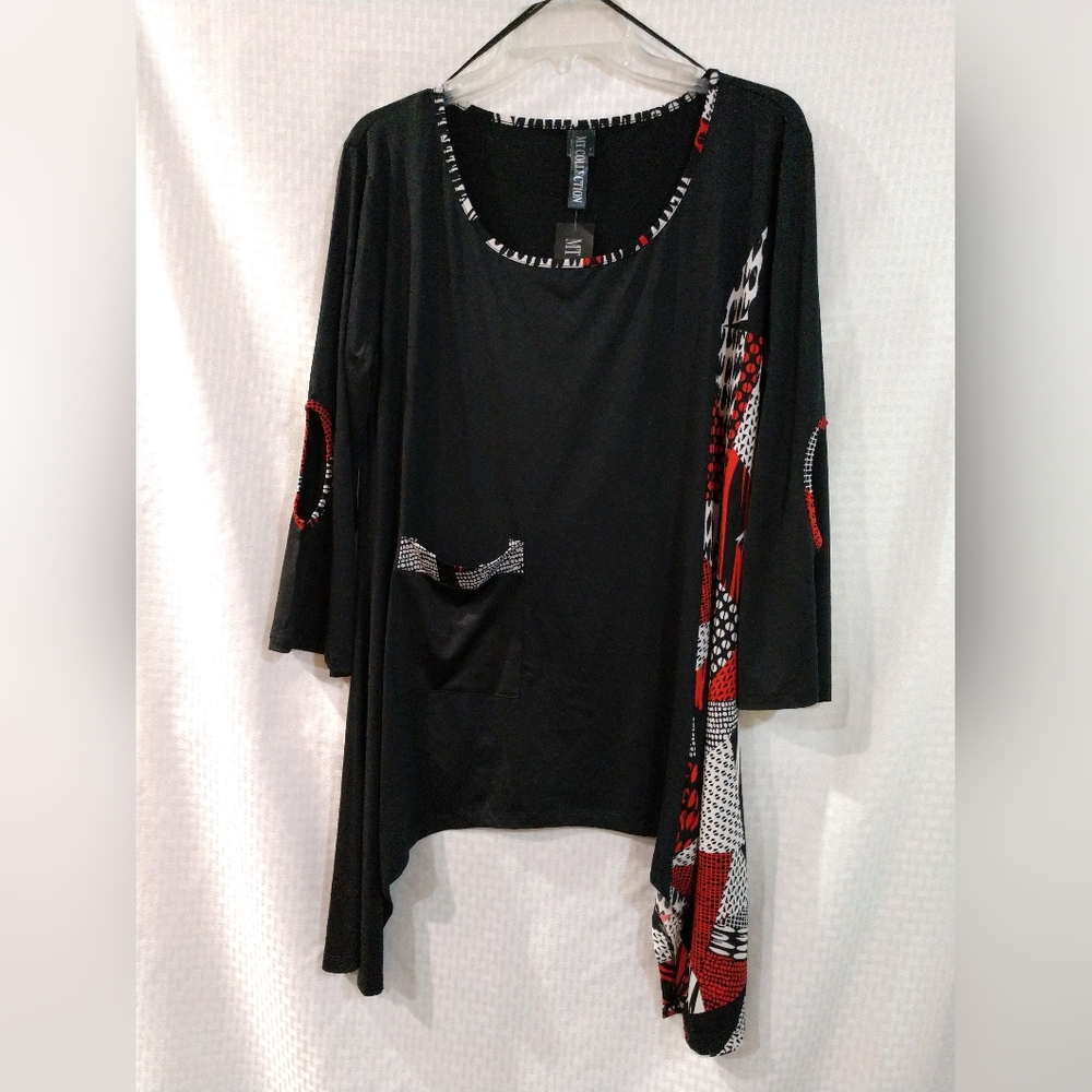 NEW MT COLLECTION Women's Knit Lagenlook Top Long Tunic Shark Bite Hem Size XXL
